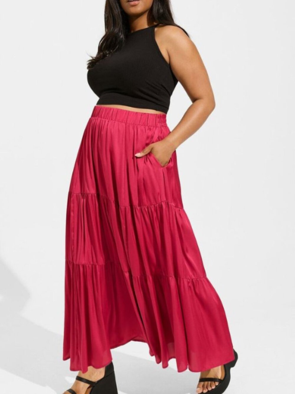 TORRID Pink Satin Tiered Maxi Skirt Elasticated Waist Pockets Lined Size 1 1X